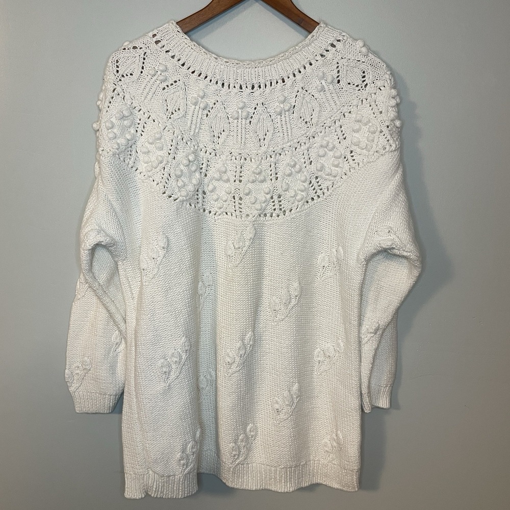 Vintage White Sweater Yarnworks Handknit Sweater Grannycore Pom Pom‎ Knit